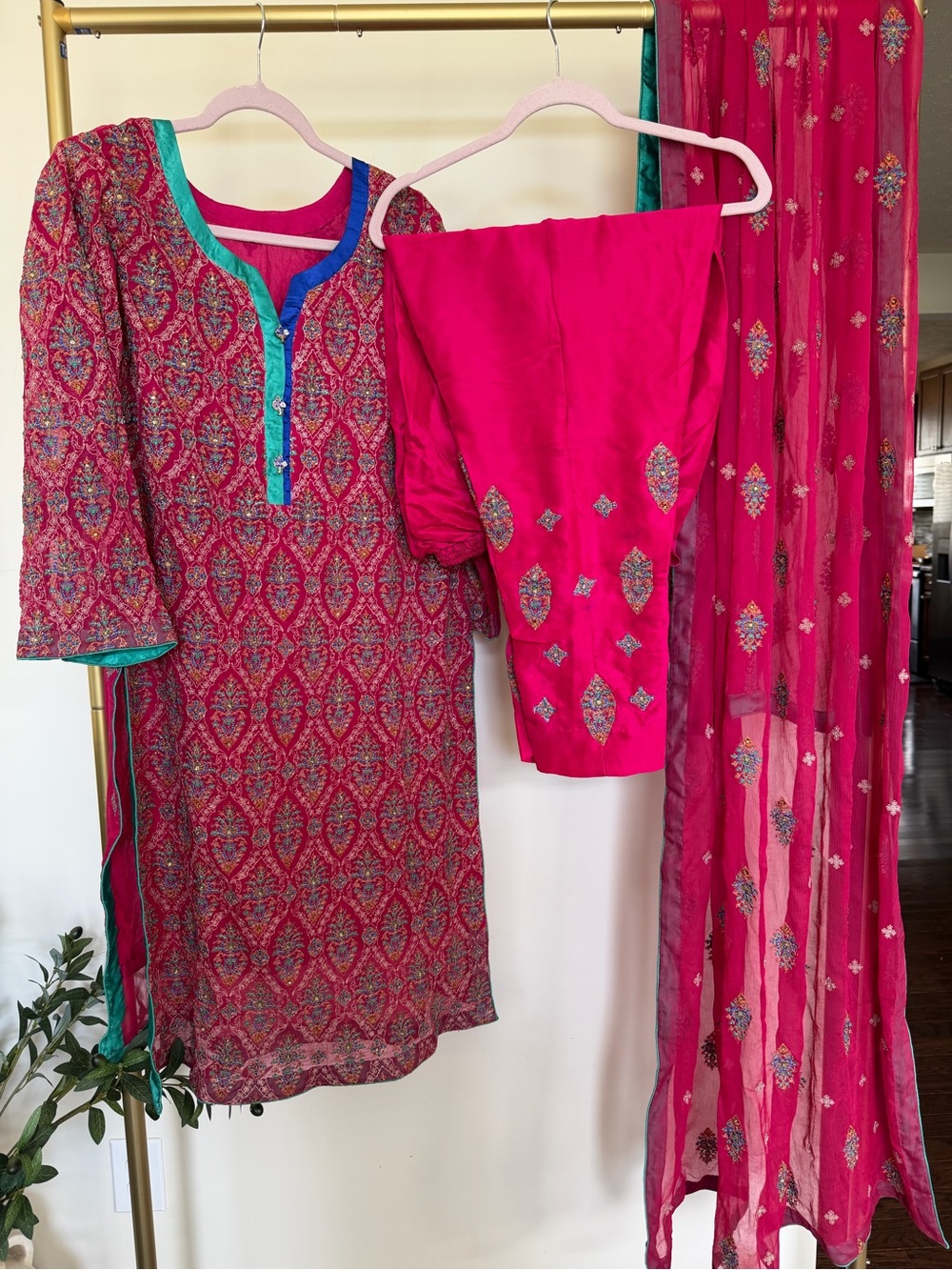 Pure Chifon embroidered Shocking pink color shirt, pants and dupata, indian Paki